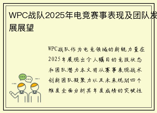 WPC战队2025年电竞赛事表现及团队发展展望